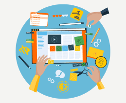 multiple hands choosing icons representing design elements for a website, including accessibility and regulatory considerations in vector illustration style